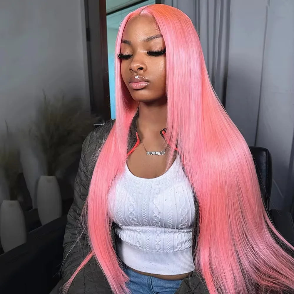 Bone Straight HD Lace Front Wig – Light Pink, 100% Brazilian Human Hair