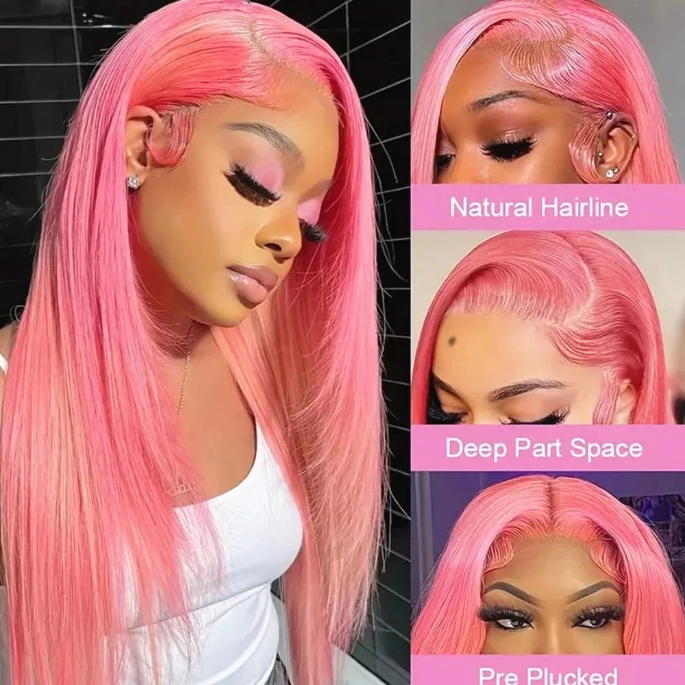 Bone Straight HD Lace Front Wig – Light Pink, 100% Brazilian Human Hair