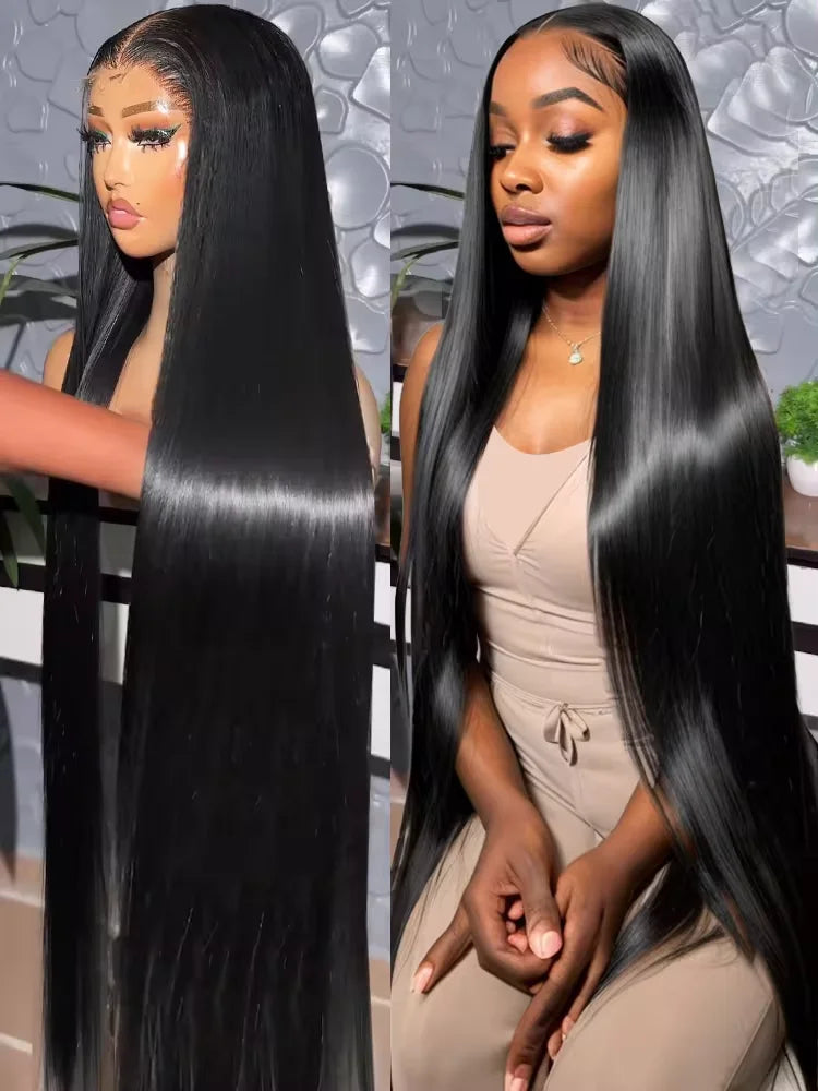 100% Brazilian Human Hair lace front wig with sleek bone straight texture, HD transparent lace, 200% density, and extra-long 46-50 inch length for a glamorous look.