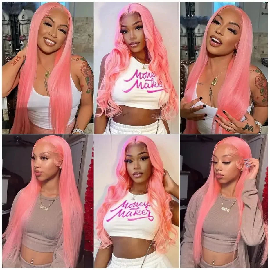 Bone Straight HD Lace Front Wig – Light Pink, 100% Brazilian Human Hair