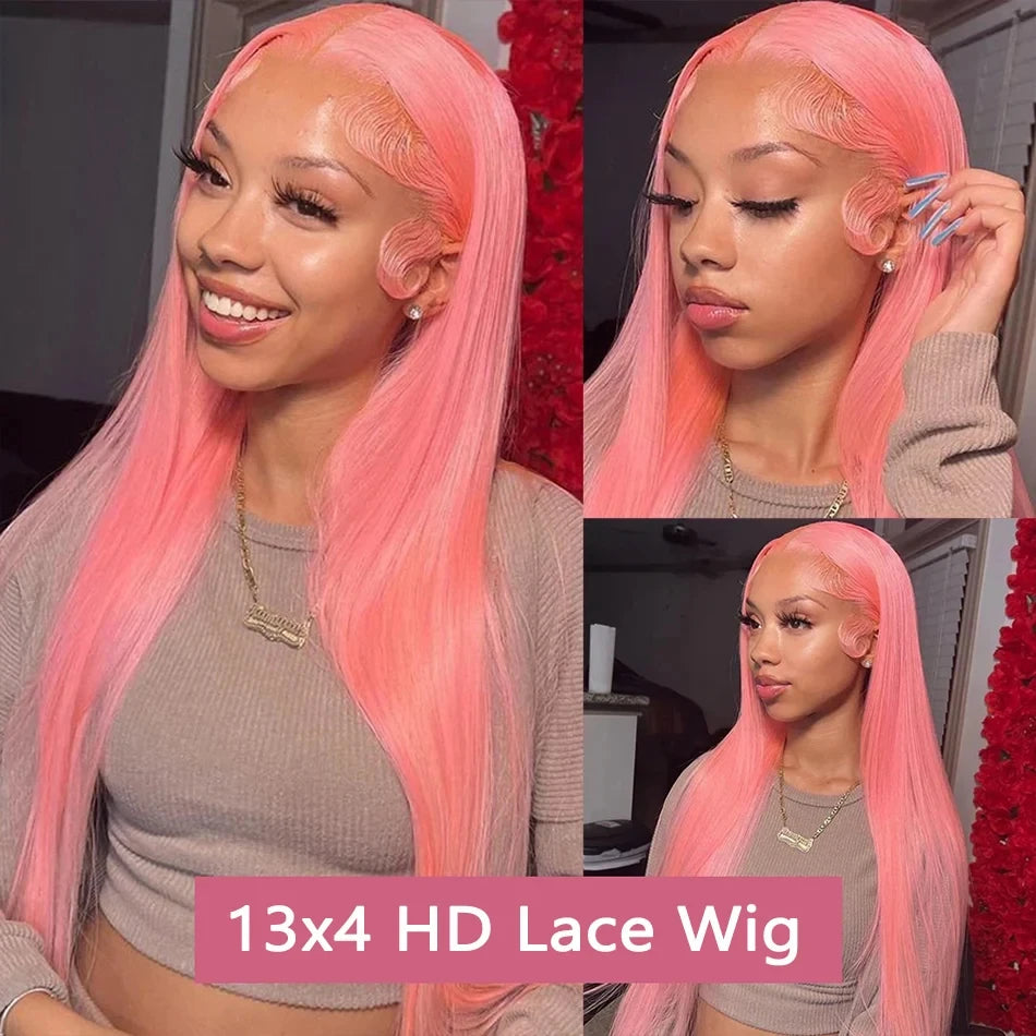 Bone Straight HD Lace Front Wig – Light Pink, 100% Brazilian Human Hair